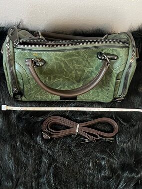 Green Leather Tote Bag with Brown Handles